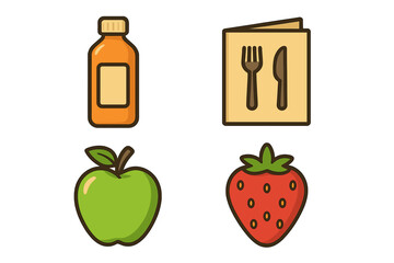 Food icon set for healthy eating and nutrition. Vector collection of flat design symbols: fresh apple, strawberry fruit, juice bottle, and restaurant menu sign for web or app.