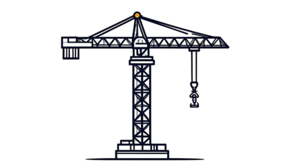 Dark blue silhouette of a construction crane, detailed with many small lights and components