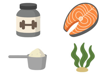 Protein sources vector icon set for fitness and nutrition. Bodybuilding supplement container, whey powder scoop, salmon fish steak and sea algae. Healthy food and seafood illustration.