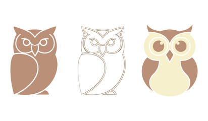Three stylized owls in brown and cream colors on a white background bird birds