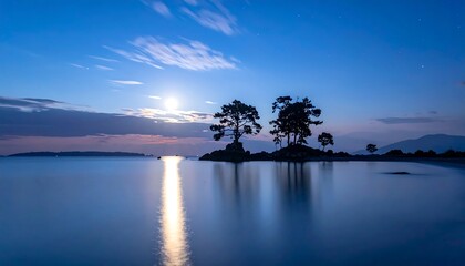 Tranquil night scene captures moonlit water, reflecting light. Silhouetted trees on a small island, calm seascape, starry sky