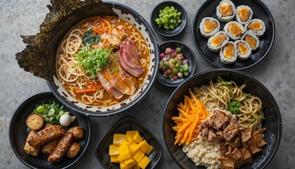 A vibrant Japanese meal set featuring ramen, sushi rolls, grilled meat with rice, fresh vegetables, and colorful side dishes, beautifully served in black bowls