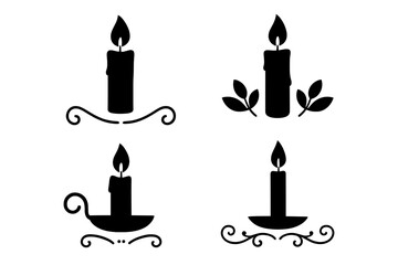 Set of black candle silhouettes with decorative scrolls and leaves. Vector icon collection for romantic, memorial, or spiritual concepts. Elegant minimalist candlelight design.