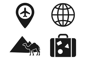 Travel icon set. Vacation journey symbols. Globe, airport pin, luggage, and Egypt pyramid with camel. Tourism and adventure concept. Flat vector illustration for web design.