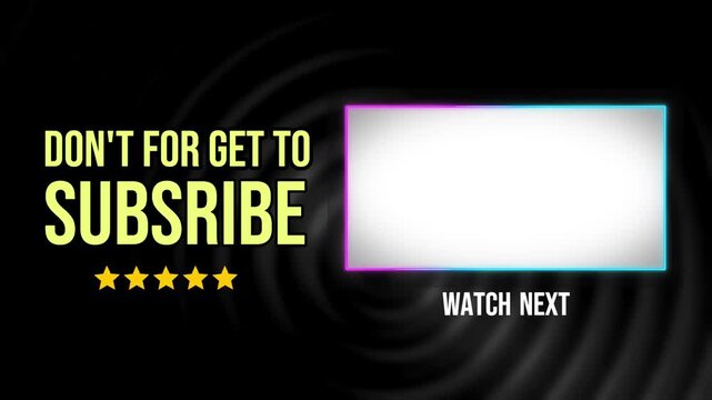 youtube end screen Black and subscribe button with 5 stars rating. Suitable for YouTube videos or presentations. Great for creators.