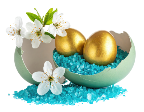 Two golden Easter eggs nestled in a cracked light-green egg shell filled with turquoise-blue sea salt, with delicate white blossoms - Powered by Adobe