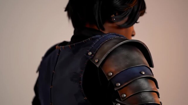 Black Woman Warrior in Fantasy Armor: Side Profile of a Female Knight in Blue Tunic with Metallic Pauldrons.