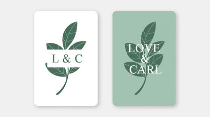 Wedding Invitation Design Elements with Leaf Motifs and Initials or Names vector illustration