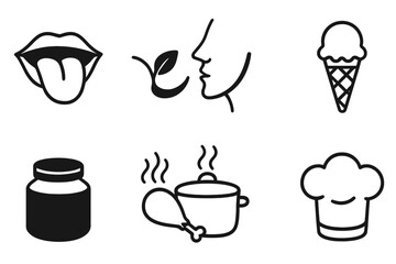 Food and cooking icon set. Vector line art collection. Taste, smell, chef, kitchen, meal symbols. Gastronomy glyphs for restaurant menu, food product packaging design.