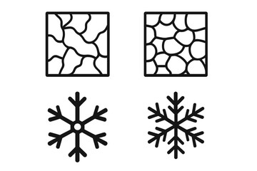 Vector icon set of frozen textures and snowflakes. Winter symbols collection. Includes ice crack patterns, frost signs, and cold snow crystal shapes. Editable line art.