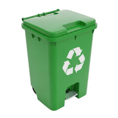 Bright green plastic pedal bin with recycling symbol isolated on transparent background