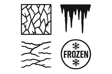 Frozen vector graphic collection. Set of isolated winter icons. Cracked ice texture, dripping icicles, frost pattern, and a circular frozen stamp with snowflakes. Cold concept.
