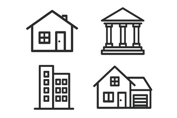 Set of building line icons. Real estate vector symbols. House, home, bank, courthouse, apartment, office. Architecture, property, mortgage, city, urban, construction concepts.