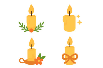 Set of decorative candle vector icons. Flat design illustration of burning candlelight with flame and wax. For holiday, Christmas, romantic, or spiritual concepts. Isolated.