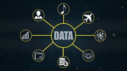 Data concept with interconnected icons and central text on a starry background information technology - Powered by Adobe