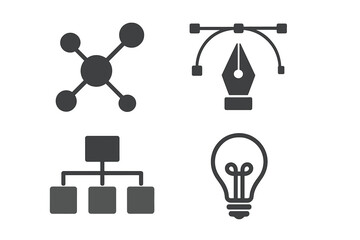 Creative process and business strategy vector icon set. Flat symbols for connection, design, idea, and hierarchy. Infographic elements for workflow and innovation.