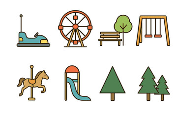 Amusement park and playground icon set. Vector line art collection of funfair and recreation symbols. Ferris wheel, carousel, slide, swing, bumper car, park bench, and trees.