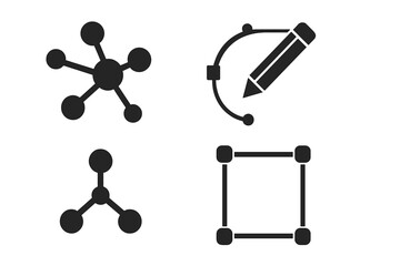 Vector icon set of connection and design symbols. Network hub, molecule structure, and vector path drawing tool with a pencil. Graphic design elements and node editing shape.