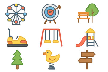 Amusement park and playground colorful icon set. Vector collection of entertainment and recreation symbols. Ferris wheel, swings, slide, bumper car, and target for funfair.
