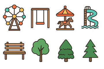 Amusement park and city park icon set. Vector collection of playground, entertainment, and nature symbols. Ferris wheel, swing, carousel, slide, bench, and tree illustrations.