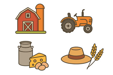 Farm and agriculture icon set. Vector collection of rural life elements. Includes barn, tractor, milk, cheese, eggs, farmer hat, and wheat. Flat design for local market.