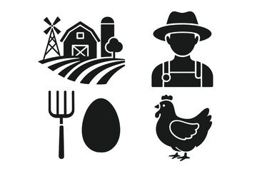Farm and agriculture icon set. Vector glyph collection with farmer, chicken, egg, and barn. Rural life, organic food, and homemade product symbols for local markets.