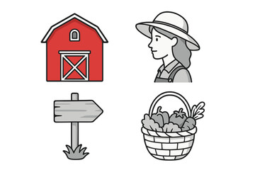 Farm life icon set with female farmer, red barn, harvest basket with vegetables and wooden sign. Agriculture vector illustration collection for local organic food market.