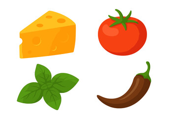 Set of fresh food ingredients for cooking. Vector illustration of cheese, tomato, basil and chili pepper. Icons for pizza, pasta or healthy meal. Organic food concept.