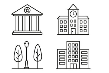 City building icon set. Vector line art illustrations of municipal and public places. Courthouse, school with clock tower, office building and city park. Urban architecture symbols.