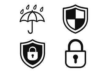 Security and protection vector icon set. Shield, padlock, and umbrella with rain symbols. Concept for data privacy, web safety, insurance, defense, and secure access.