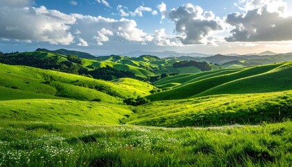 Lush Green Hills Under a Partly Cloudy Sky in Daylight Landscape