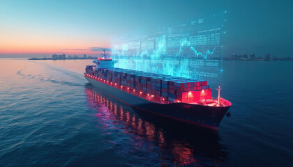 Large container ship travels calm ocean at twilight sunset. Digital holographic screen above vessel displays real time financial data, market charts, trending numbers. Modern cargo vessel shows