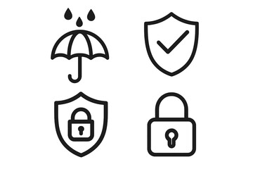 Set of protection and security line icons. Vector symbols for safety, guarantee, and insurance. Shield with check mark and lock. Waterproof umbrella icon. Secure privacy.