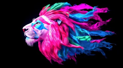 A vividly colored lion head profile is displayed against a stark black backdrop with a rainbow-hued mane.