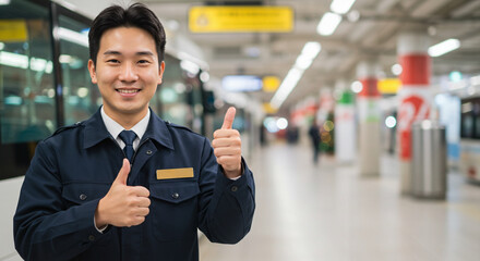 Smiling Asian man in uniform giving a thumbs-up at the station  