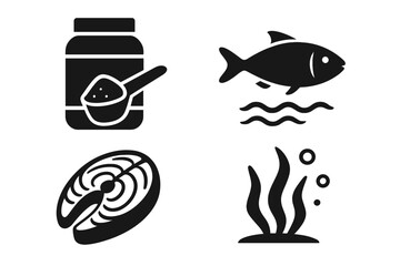 Protein sources icon set. Seafood nutrition concept. Fish, salmon steak, seaweed algae and whey powder supplement. Healthy food, diet, gym, fitness and bodybuilding glyphs.