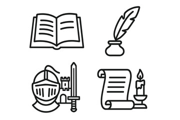 Medieval story icon set. Fantasy writing vector symbols. Knight, castle, sword, book, quill pen, ink, scroll, candle. History and literature outline icons for storytelling.