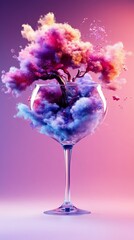 A whimsical tree emerges from a wine glass filled with colorful clouds against a soft pink and purple backdrop.