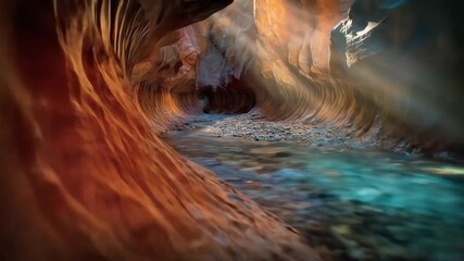 Sunlight streams into a narrow slot canyon, illuminating clear turquoise water and sculpted orange sandstone walls, a breathtaking natural wonder. - Powered by Adobe