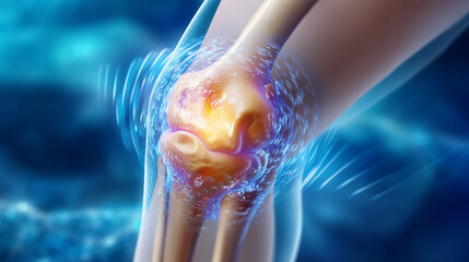 3D medical illustration of inflamed human knee joint with highlighted pain and swelling, representing arthritis, joint disorders, and musculoskeletal conditions

