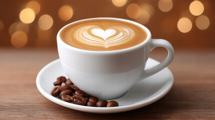 Fototapeta premium Heart shaped swirl in coffee art in cup with beans on wooden table and warm bokeh background