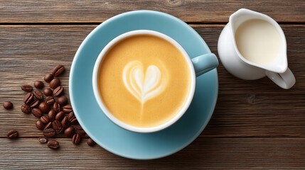 Heart swirl pattern in coffee cup creates warm inviting scene with milk jug and coffee beans on wooden table