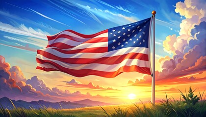 American Flag at Sunrise Landscape.