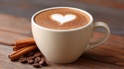 Latte art with heart swirl in mug creates warm inviting scene on rustic wooden table
