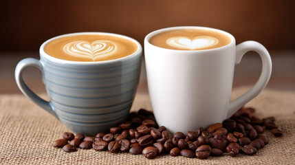 Latte art heart swirl in mug with creamy texture and coffee beans on burlap surface warm atmosphere
