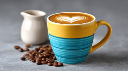Latte with heart swirl art in mug creates warm inviting scene with coffee bean and ceramic jug nearby