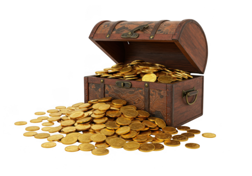 Vintage wooden treasure chest overflowing with gold coins spill transparent background