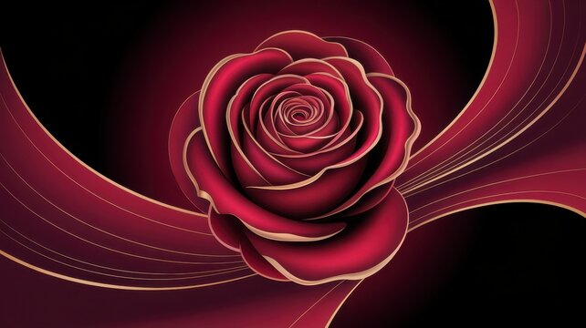 Luxurious red rose with swirling red petals and gilded edges against a