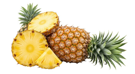 Isolated pineapple with slices and crown, whole tropical fruit still life composition