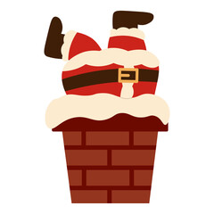 Cute flat style illustration of Santa Claus stuck in a chimney, perfect for Christmas, New Year, holiday humor, and children's designs.